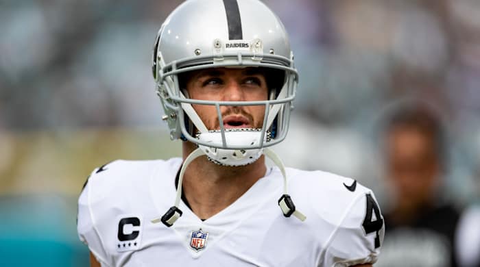 Nov 6, 2022; Jacksonville, Florida, USA; Las Vegas Raiders quarterback Derek Carr (4) looks on before the game against the Jacksonville Jaguars at TIAA Bank Field. Mandatory Credit: Matt Pendleton-USA TODAY Sports